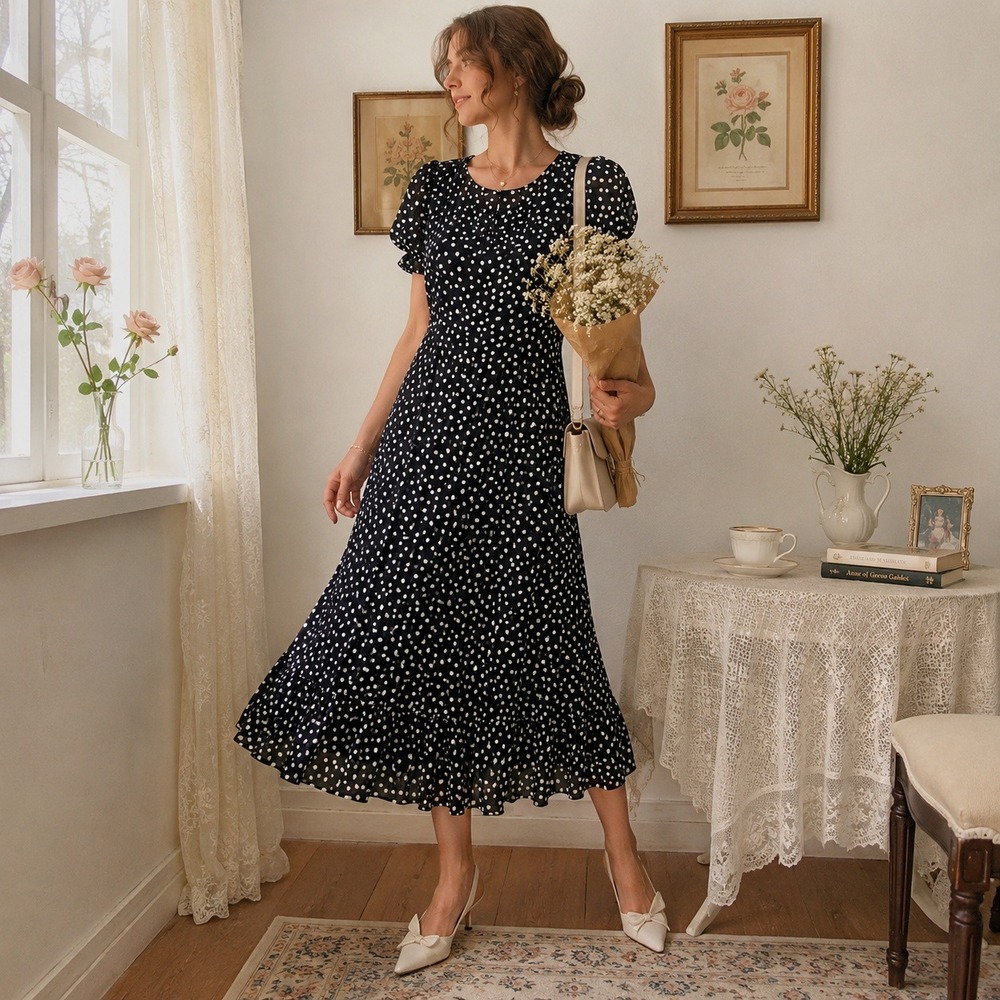 Dressbarn Polka Dot Dress Womens 10 Sheer Navy Blue Ruffle Midi Fit Flare Retro